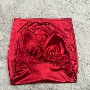 Cherry Red Satin Mini Dress with Ruched Bust